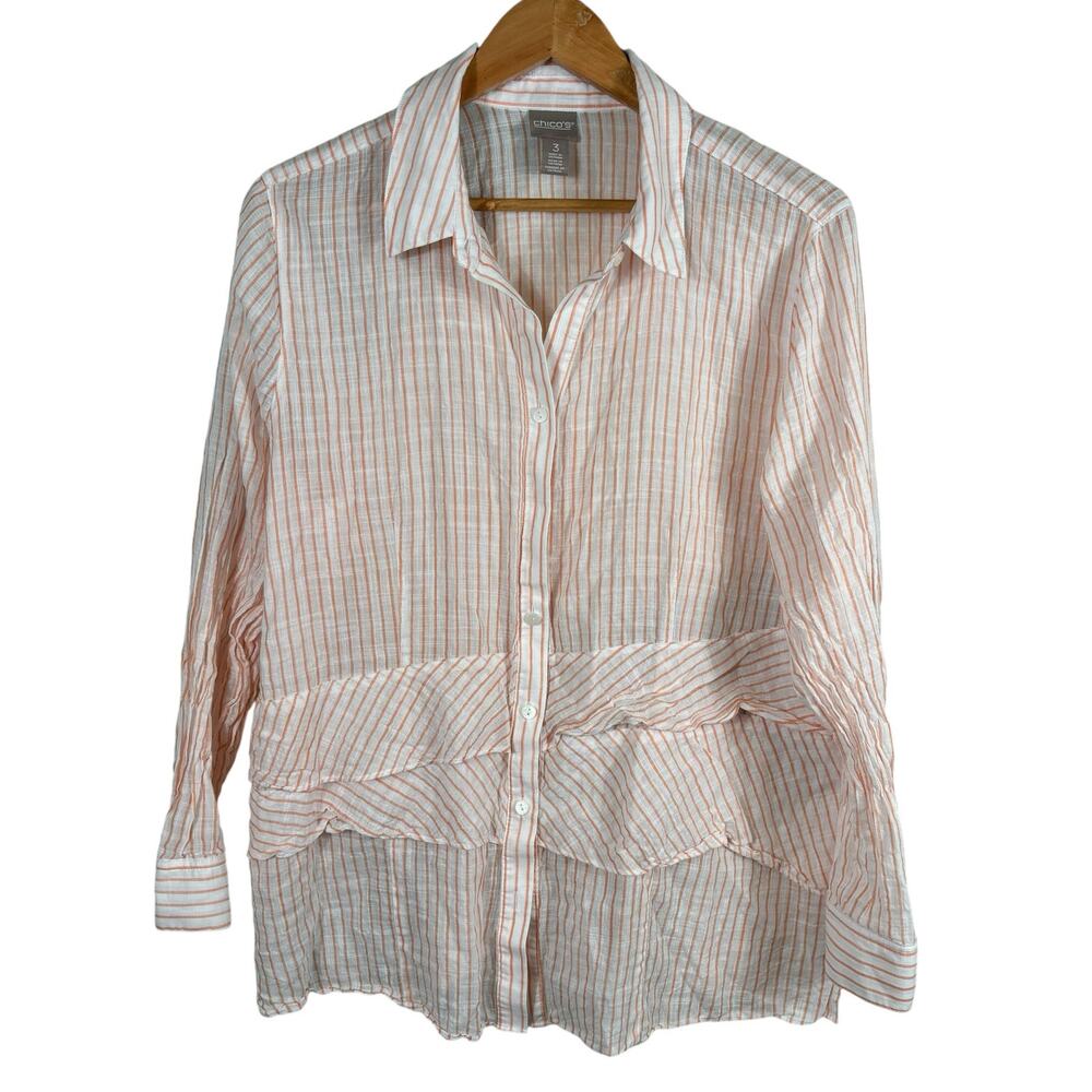 Chico's Women's XL White Orange Stripe Cotton Breathable Light Soft Casual Shirt